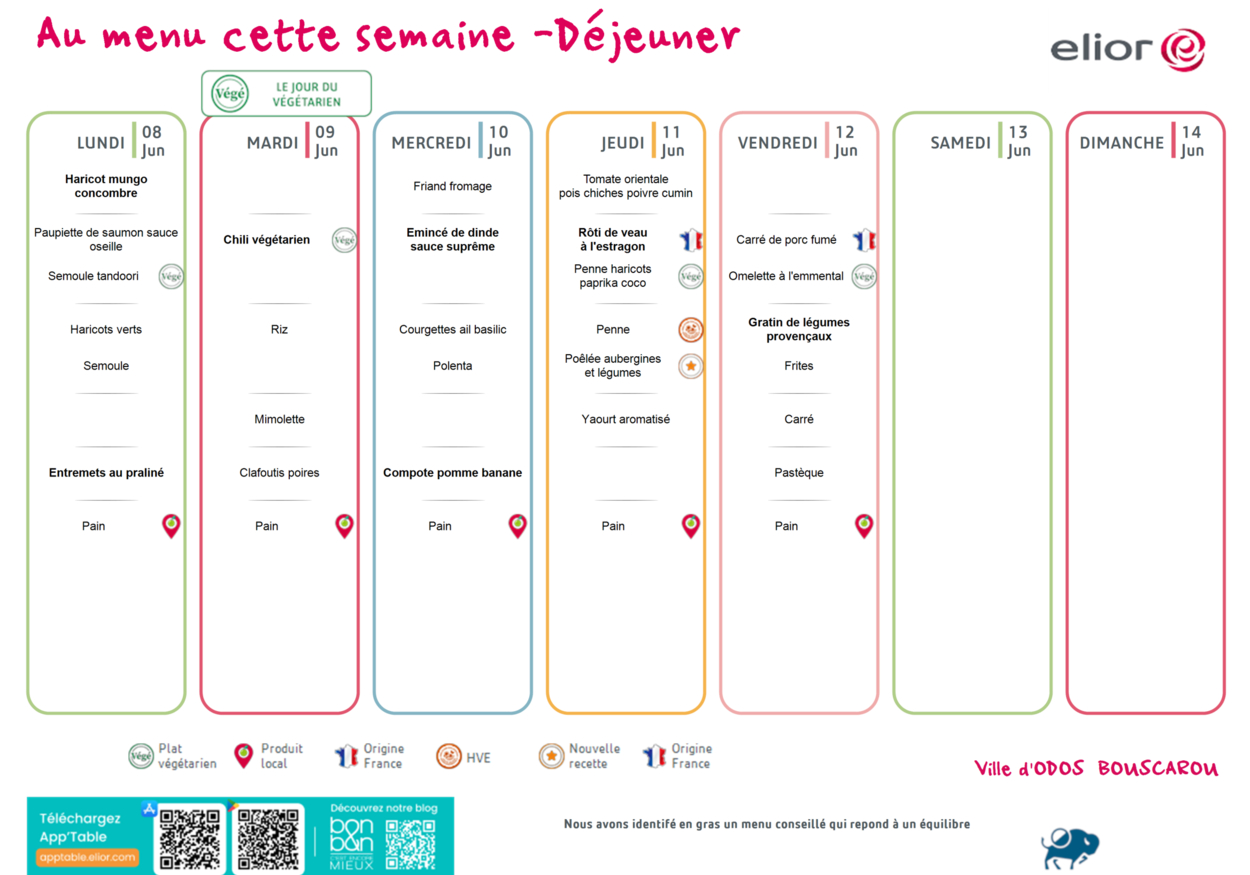 Menu du 8 au 12 juin