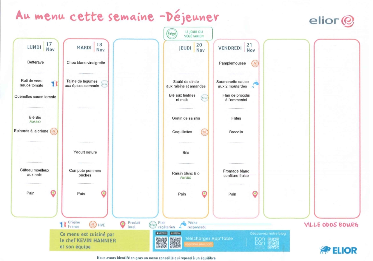 Menu du 17 au 21 novembre